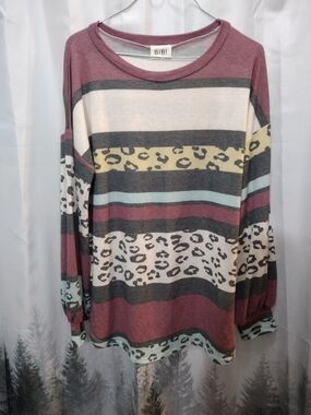 BiBi Mauve, Cream & Gray Striped Knit Top